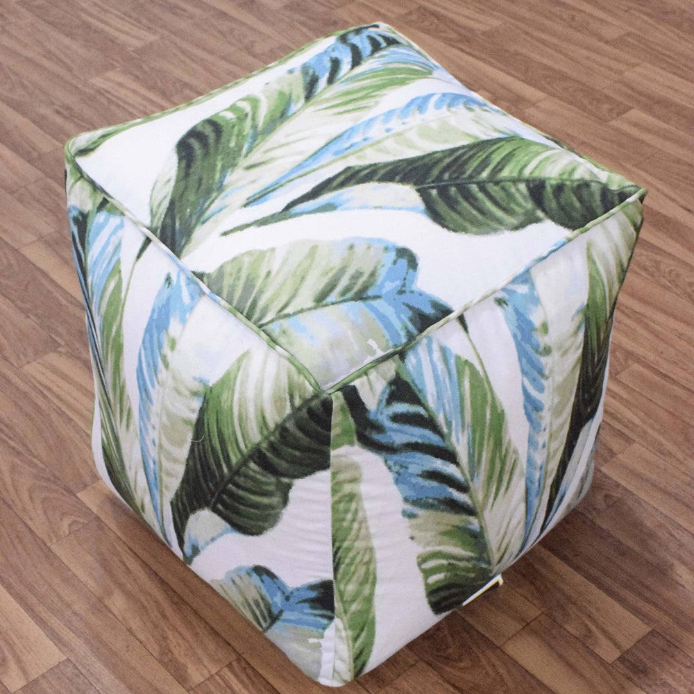 Modern Leaf Pattern Green And White Polyester Pouf