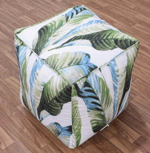 Modern Leaf Pattern Green And White Polyester Pouf