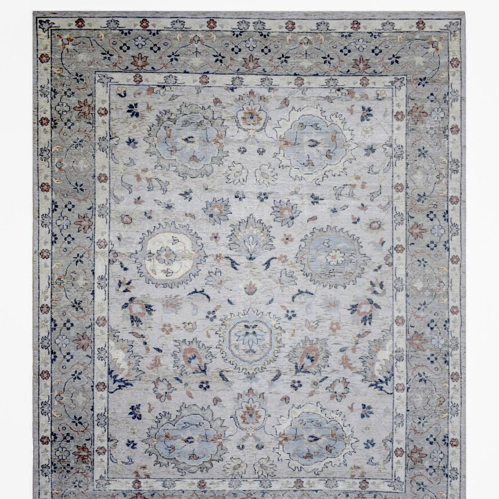 Hand Knotted Distressed Traditional 8x10 Ivory and Silver Wool Area Rug
