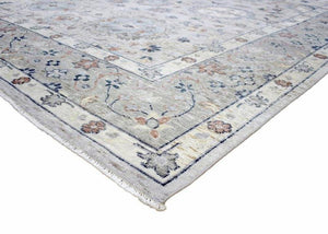 Hand Knotted Distressed Traditional 8x10 Ivory and Silver Wool Area Rug