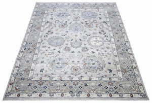 Hand Knotted Distressed Traditional 8x10 Ivory and Silver Wool Area Rug