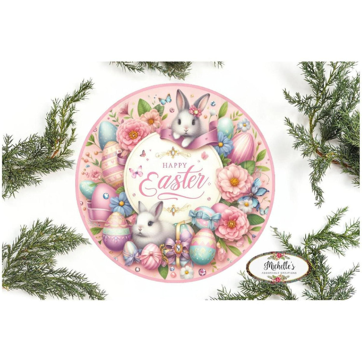 Happy Easter Pink Bunnies Egg Sign