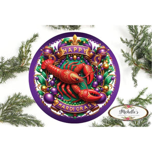 Happy Mardi Gras Crawdad Round Sign - Wreath Enhancement