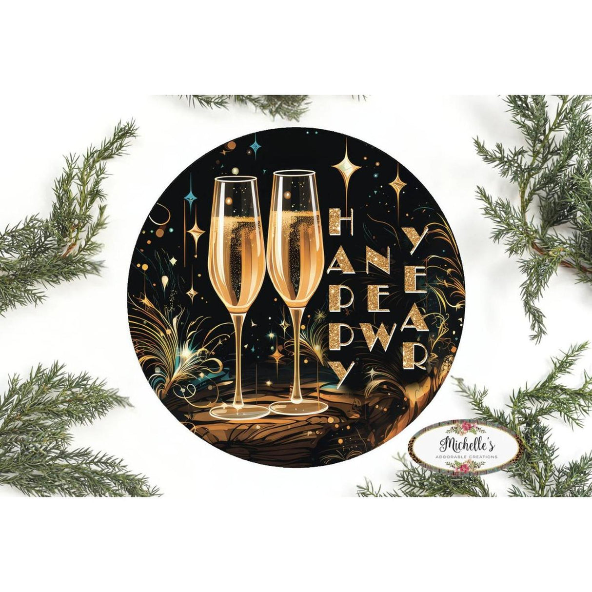 Happy New Year Champagne Glasses Sign - Wreath Enhancement