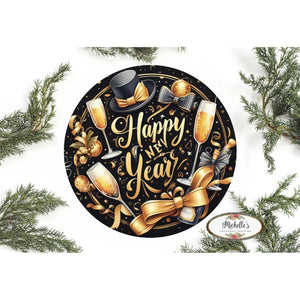 Happy New Year Top Hat Round Sign - Wreath Enhancement