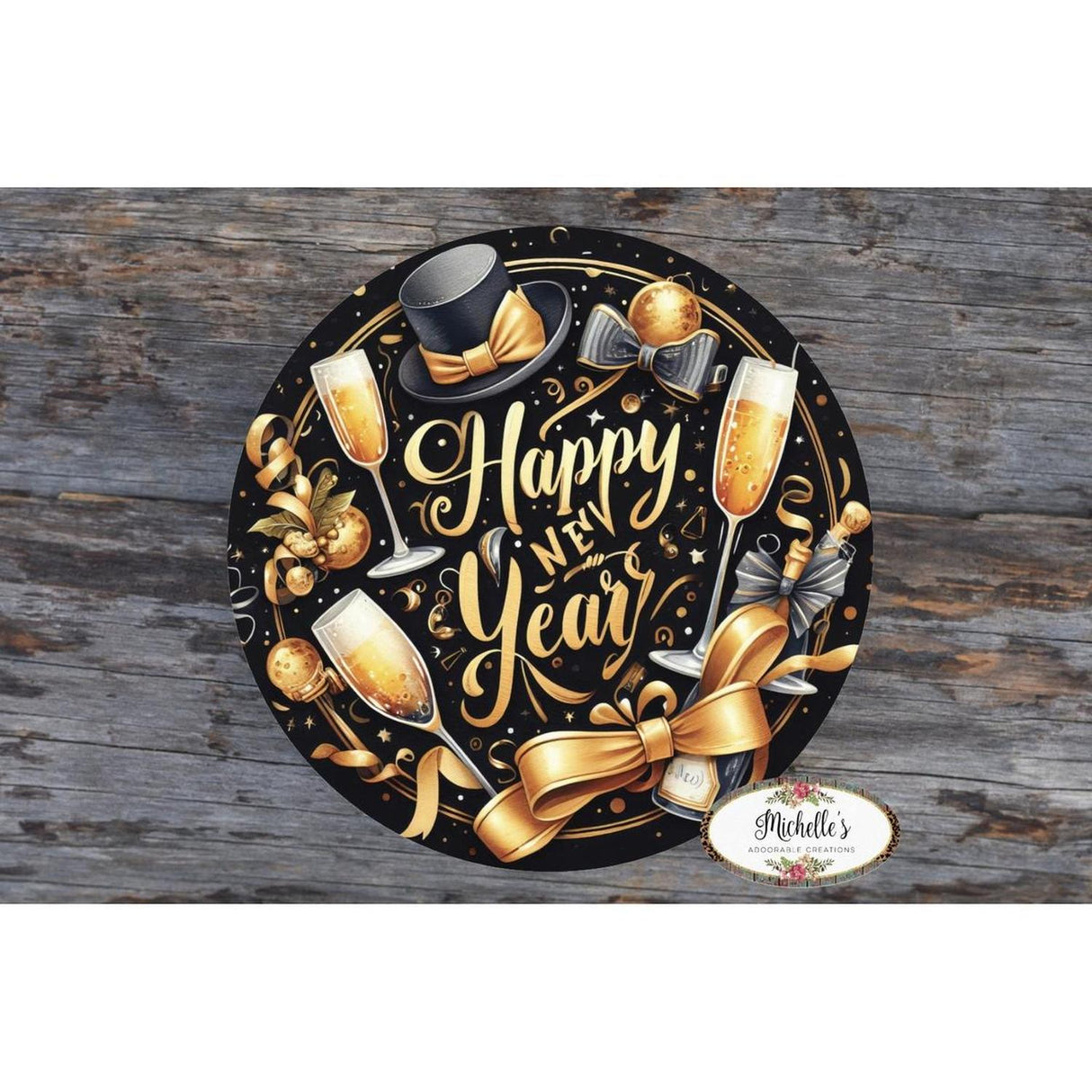 Happy New Year Top Hat Round Sign - Wreath Enhancement