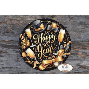 Happy New Year Top Hat Round Sign - Wreath Enhancement