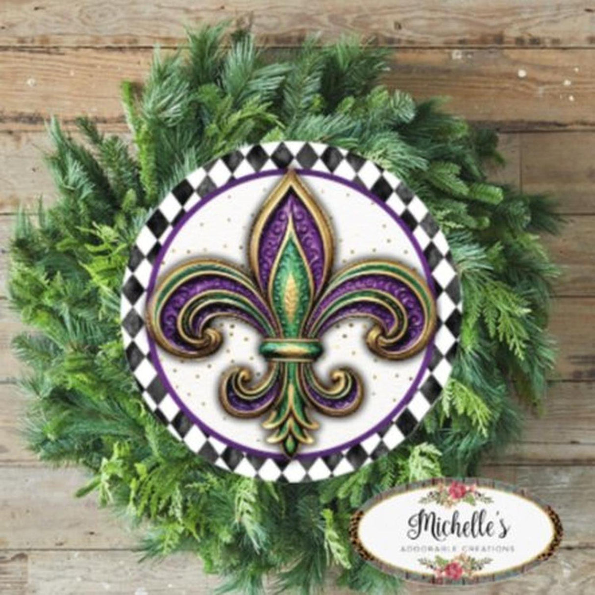 Harlequin Fleur Mardi Gras Round Sign - Wreath Enhancement