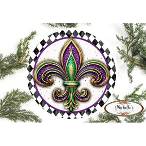 Harlequin Fleur Mardi Gras Round Sign - Wreath Enhancement