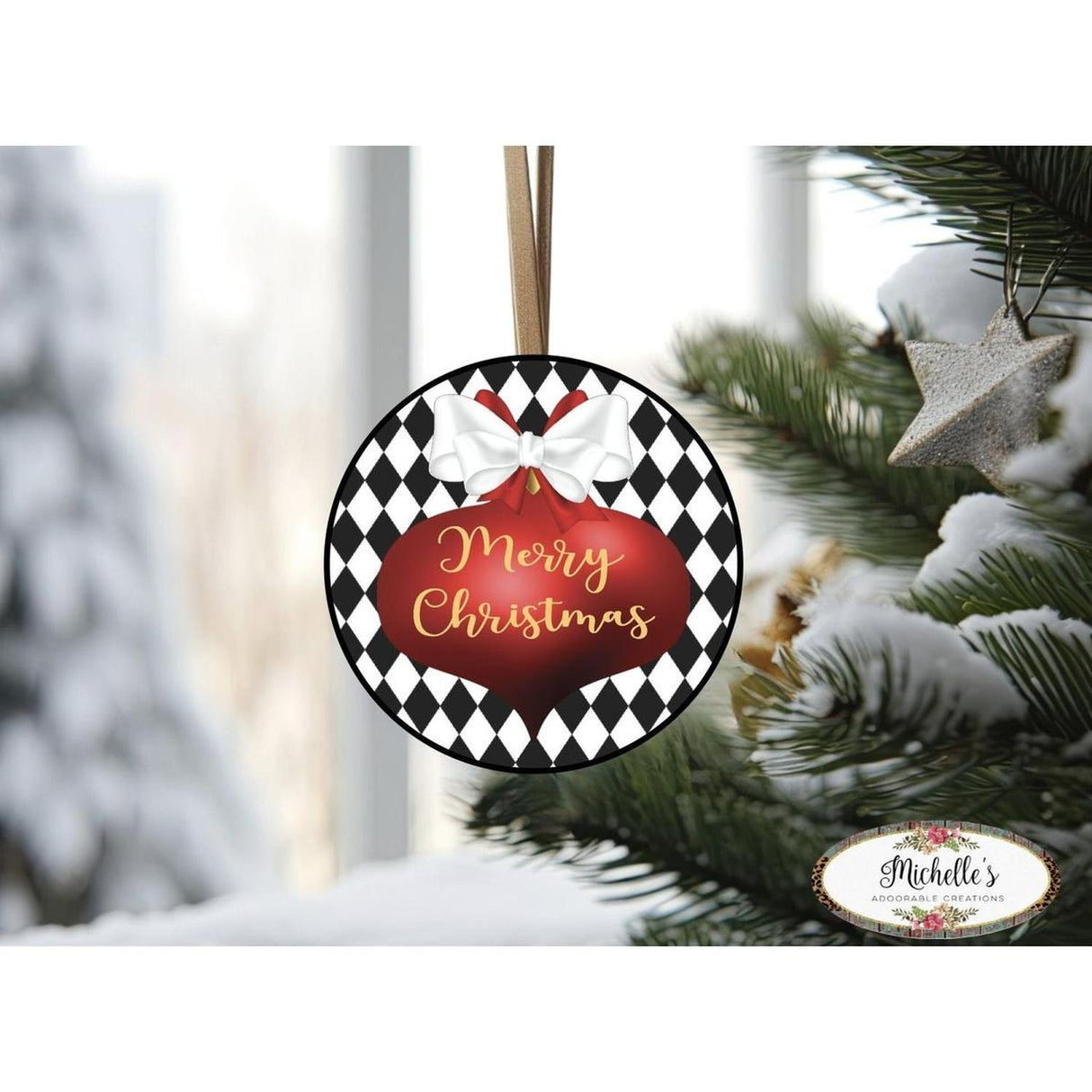 Harlequin Merry Christmas Ornament Sign