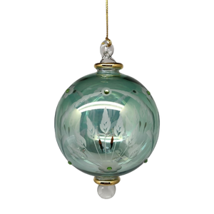 Etched Blown Glass Ball with Crystal Accents - Green