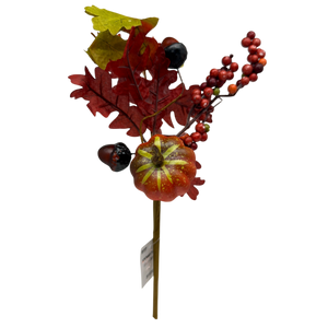 14 inch Faux Pumpkin Pick With Leaves, Acorns and Berries