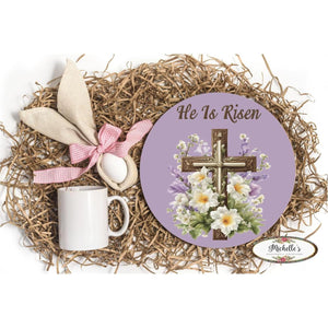 He Is Risen Cross White Lily Round Sign