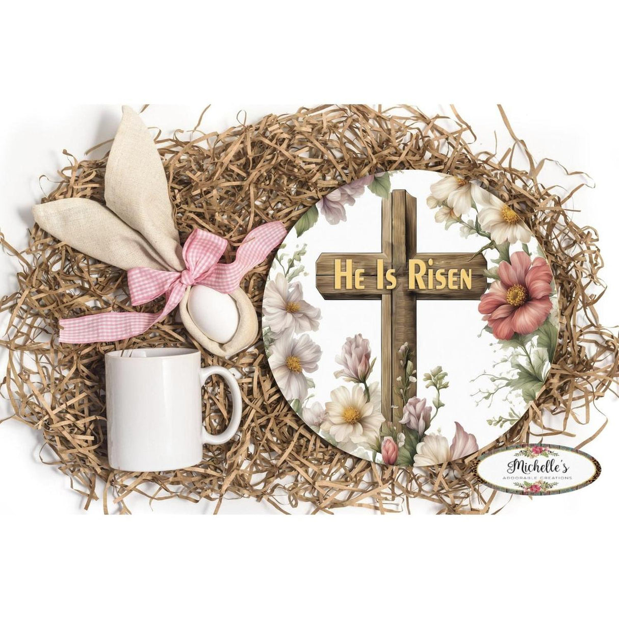 He Is Risen Rugged Cross Round Sign