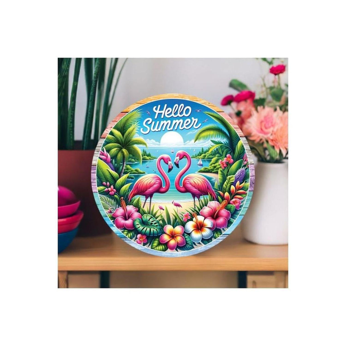 Hello Summer Tropical Flamingo Round Sign