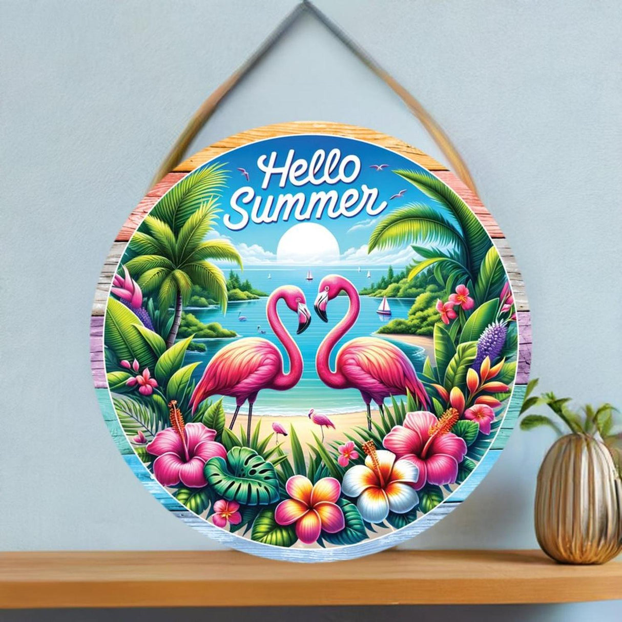 Hello Summer Tropical Flamingo Round Sign