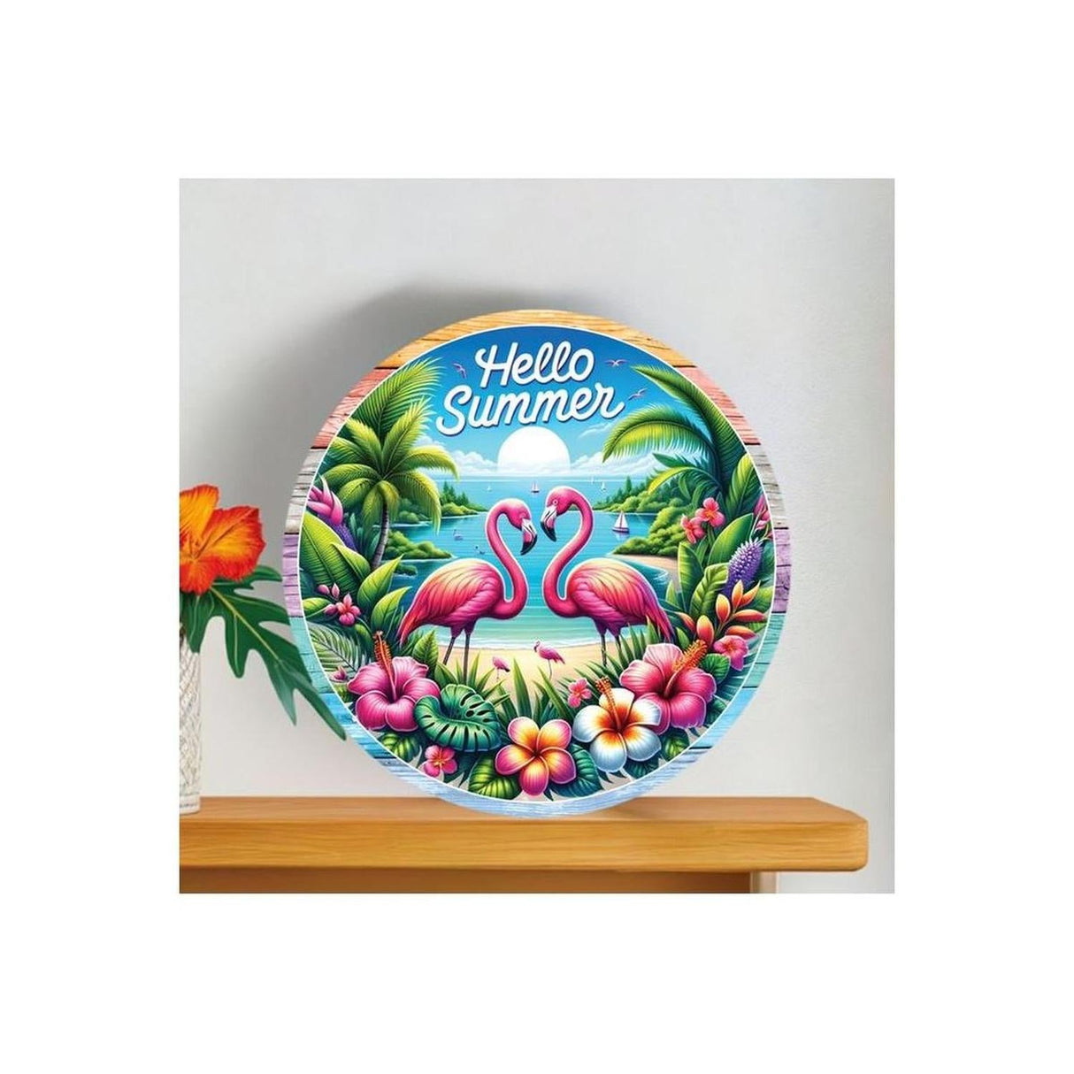 Hello Summer Tropical Flamingo Round Sign
