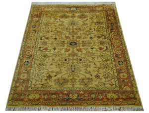 Heriz Traditional Design Gold And Rust 5x6.7 Hand Knotted Wool Area Rug