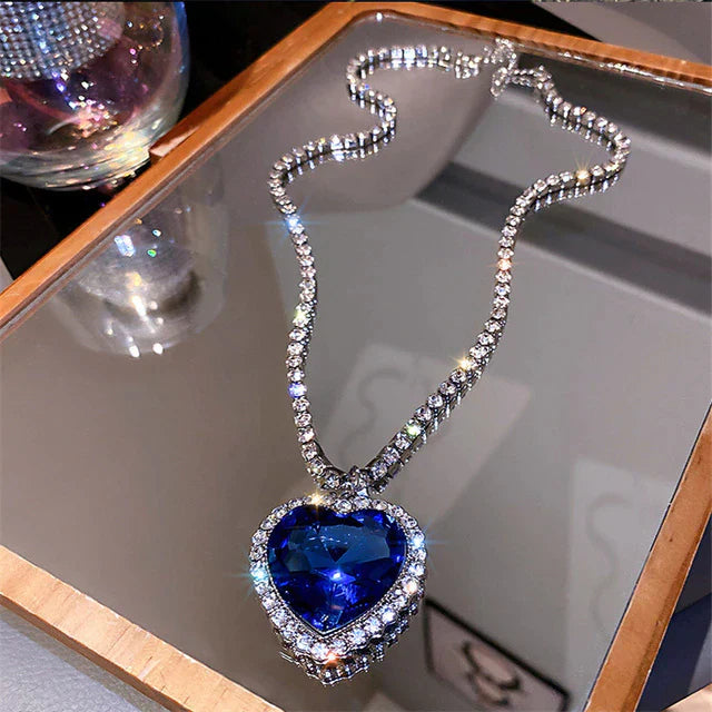 Blue Heart Crystal Necklace S925 Silver Zirconia Pendant 57cm Chain