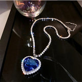 Blue Heart Crystal Necklace S925 Silver Zirconia Pendant 57cm Chain
