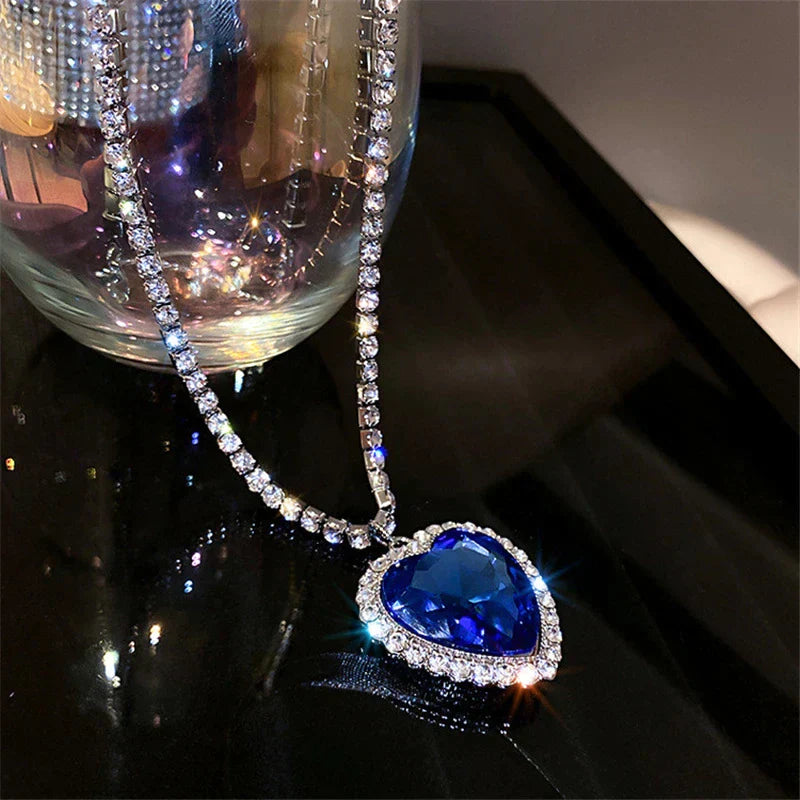 Blue Heart Crystal Necklace S925 Silver Zirconia Pendant 57cm Chain