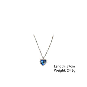 Blue Heart Crystal Necklace S925 Silver Zirconia Pendant 57cm Chain