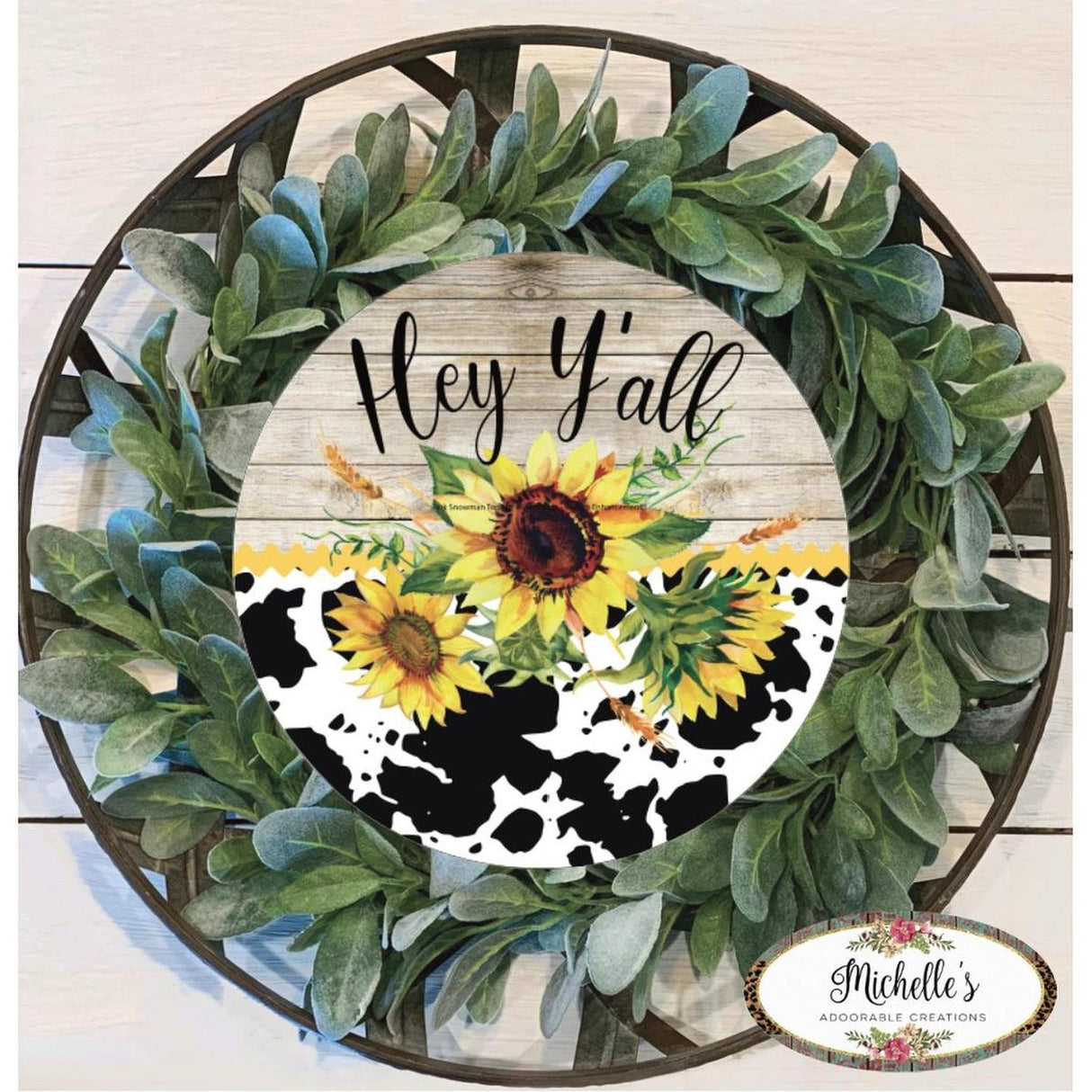 Hey Yall Cowhide Sunflower Sign