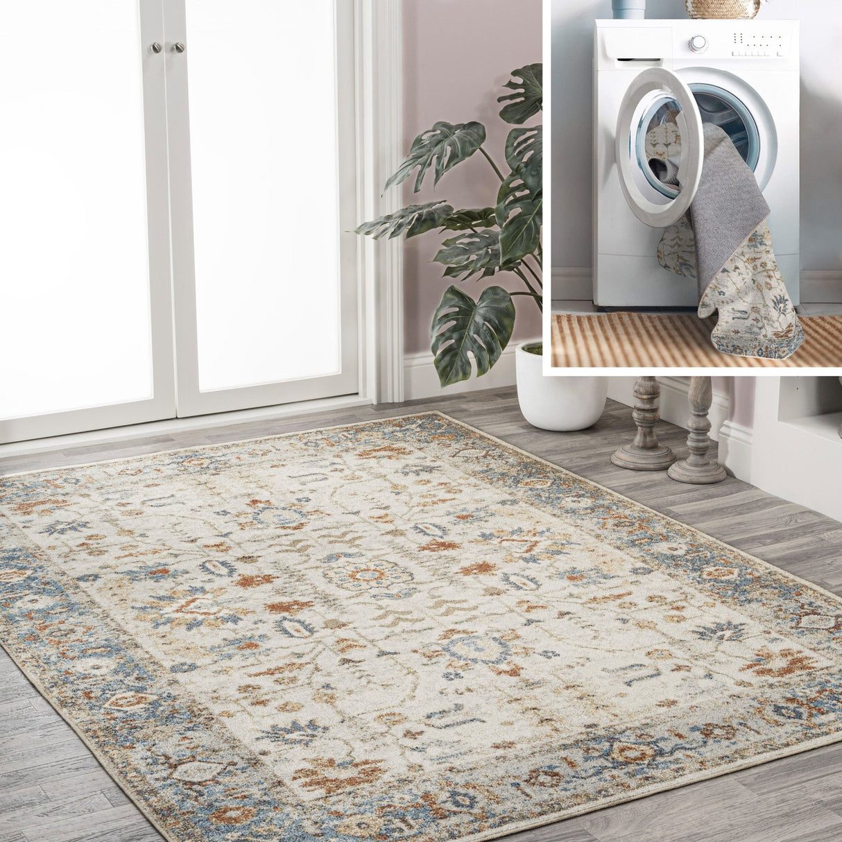Hiero-Persian-Border-Low-Pile-Machine-Washable-Area-Rug-Area-Rugs