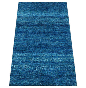 High Pile Blue Hand knotted Contemporary Custom Made Solid Afghan wool Area Rug