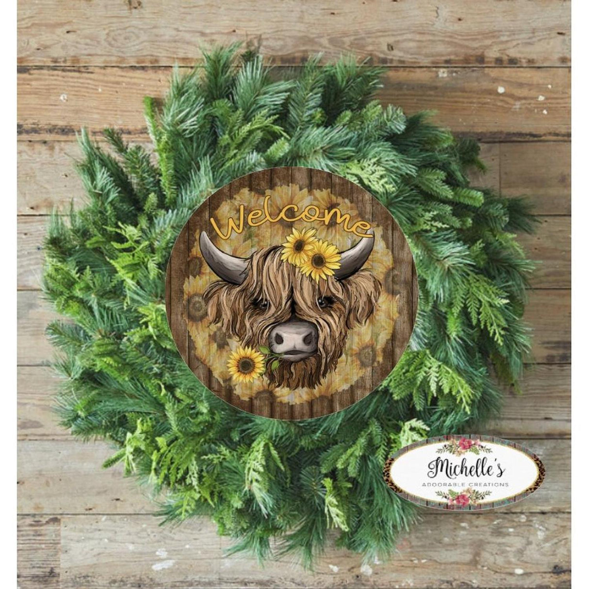 Highland Cow Welcome Sunflower Round Sign