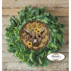 Highland Cow Welcome Sunflower Round Sign
