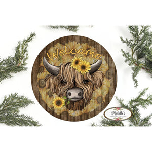 Highland Cow Welcome Sunflower Round Sign