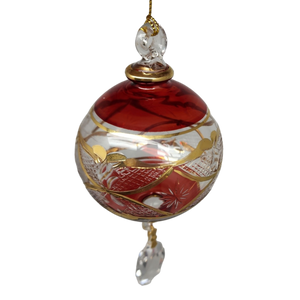 Etched Blown Glass Ball with Crystal Dangle - Red