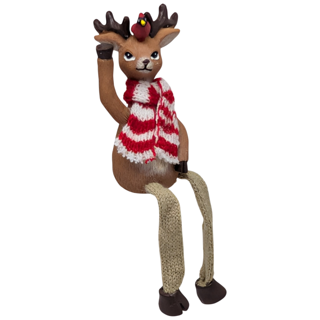 Red and White Striped Scarf with Cardinal Reindeer Shelfsitter