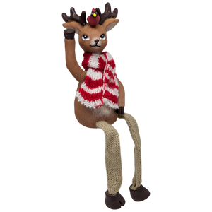 Red and White Striped Scarf with Cardinal Reindeer Shelfsitter