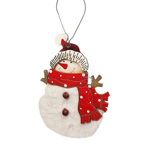 Wood and Fur Snowman Ornament - Stocking Hat