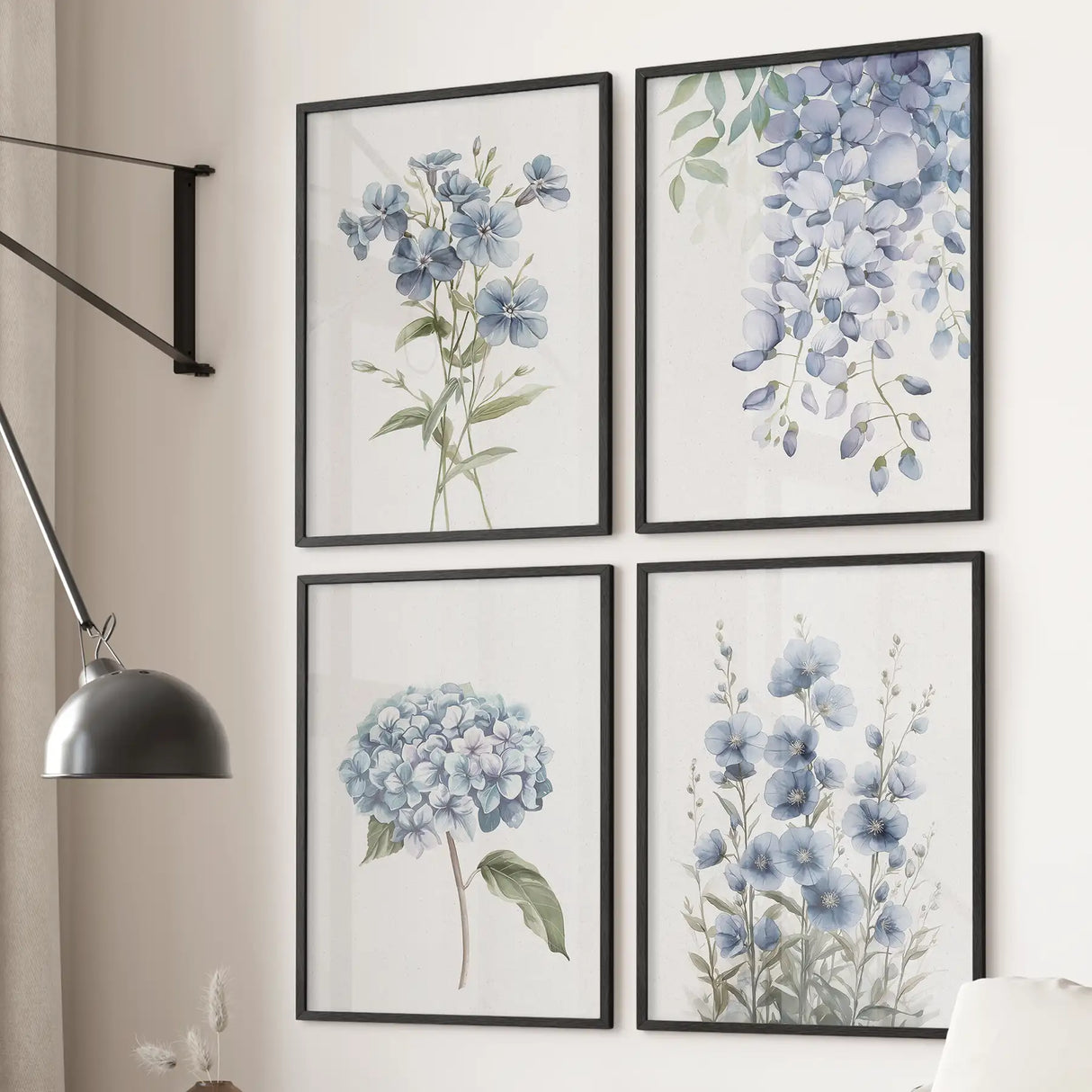 Soft Blue Hydrangea Prints. 4 Piece Watercolor Wall Art
