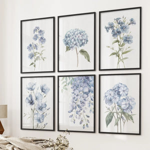 Watercolor Hydrangea, Wisteria Wall Art. Set of 6 Prints
