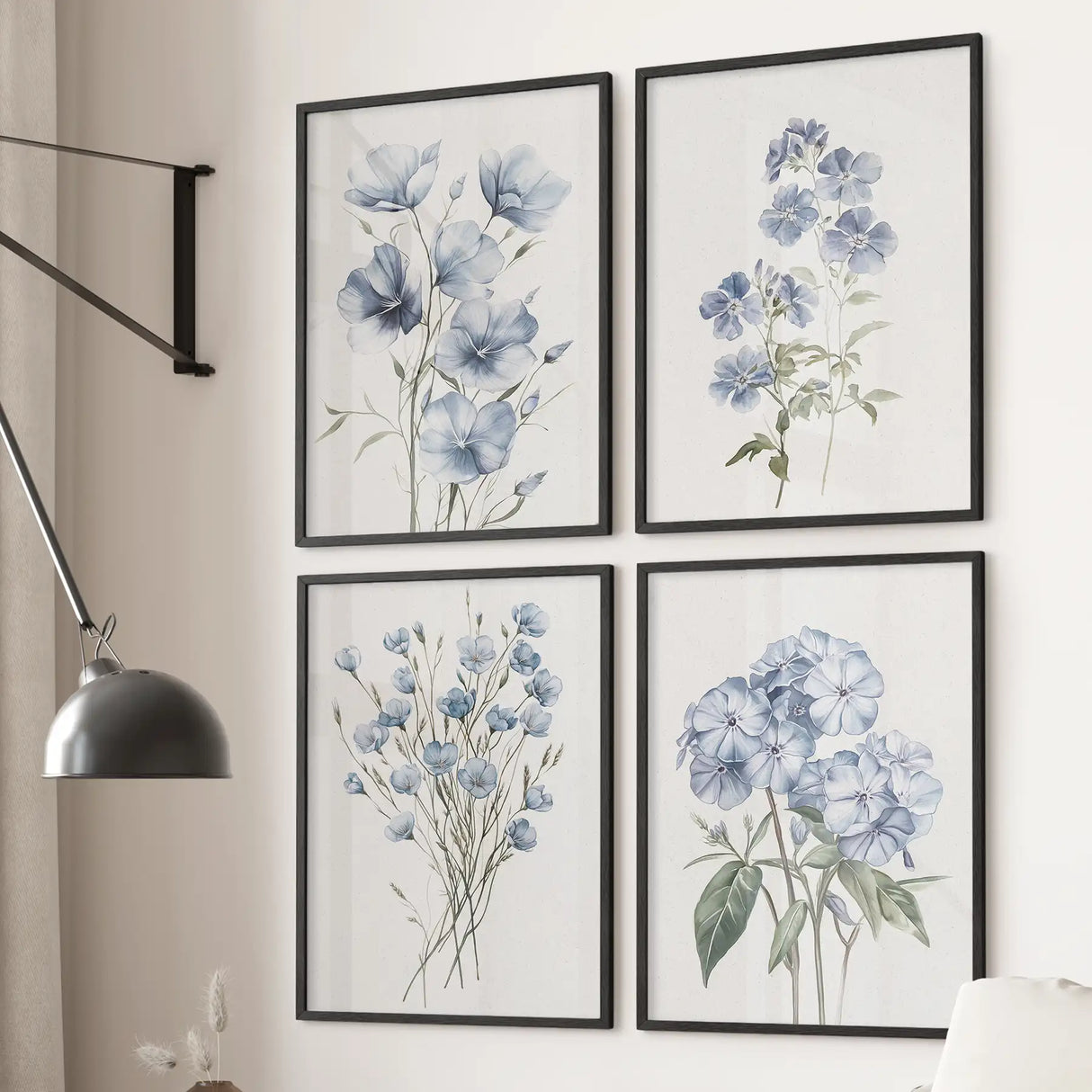 Blue Botanical Wall Art Set of 4 Prints. Flax, Phlox Flowers