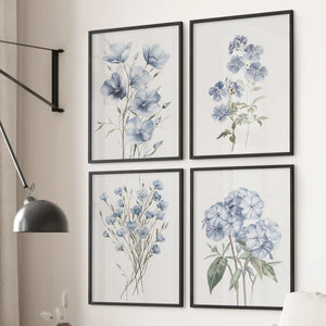 Blue Botanical Wall Art Set of 4 Prints. Flax, Phlox Flowers