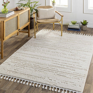 Ibarra Textured Ivory High/Low Pile Rug with Tassels