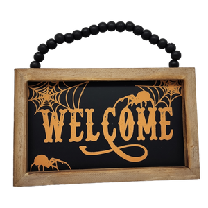 Wooden Hanging 8 Inch Sign - Haunted Welcome