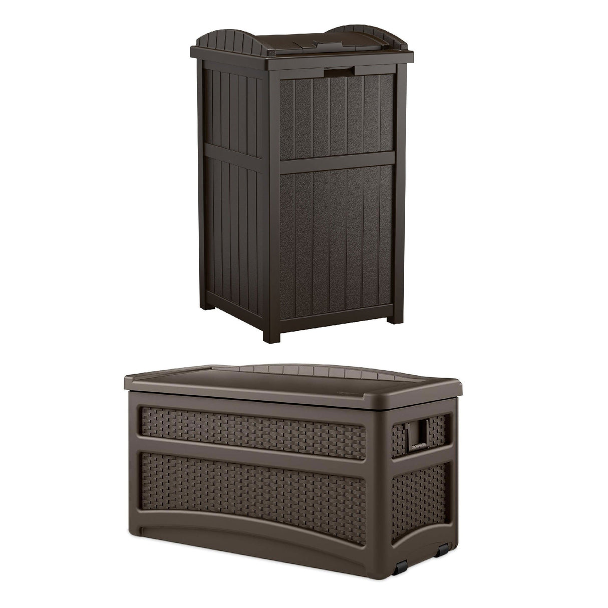 Suncast 73 Gallon Deck Box W/ Seat & Trash Hideaway Outdoor Garbage Bin, Java