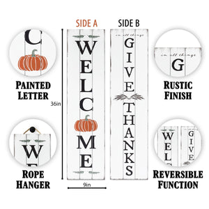 Fall Sign for Home Decor | Fall Welcome Sign for Front Door | Fall Welcome Sign | Reversible Vertical Porch Sign