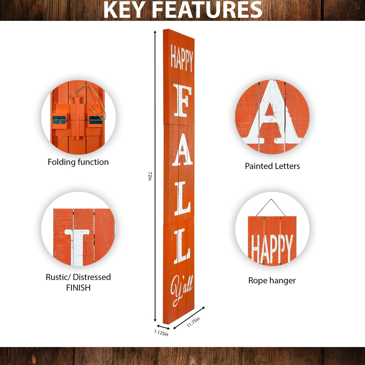 72in Outdoor Happy Fall Y'all Rustic Craft Porch Sign for Front Door, 6ft Vertical Wooden Welcome Sign for Front Porch