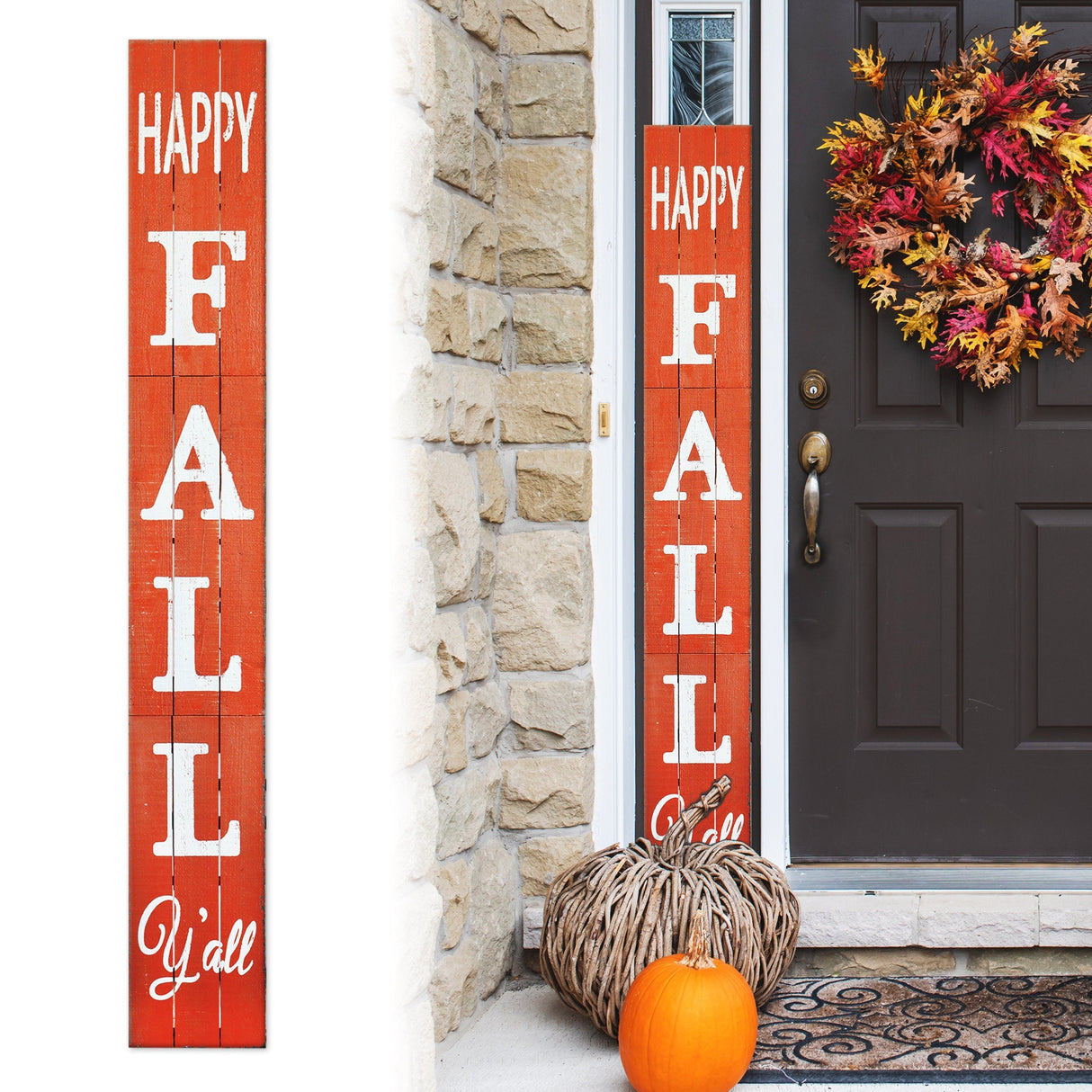 72in Outdoor Happy Fall Y'all Rustic Craft Porch Sign for Front Door, 6ft Vertical Wooden Welcome Sign for Front Porch