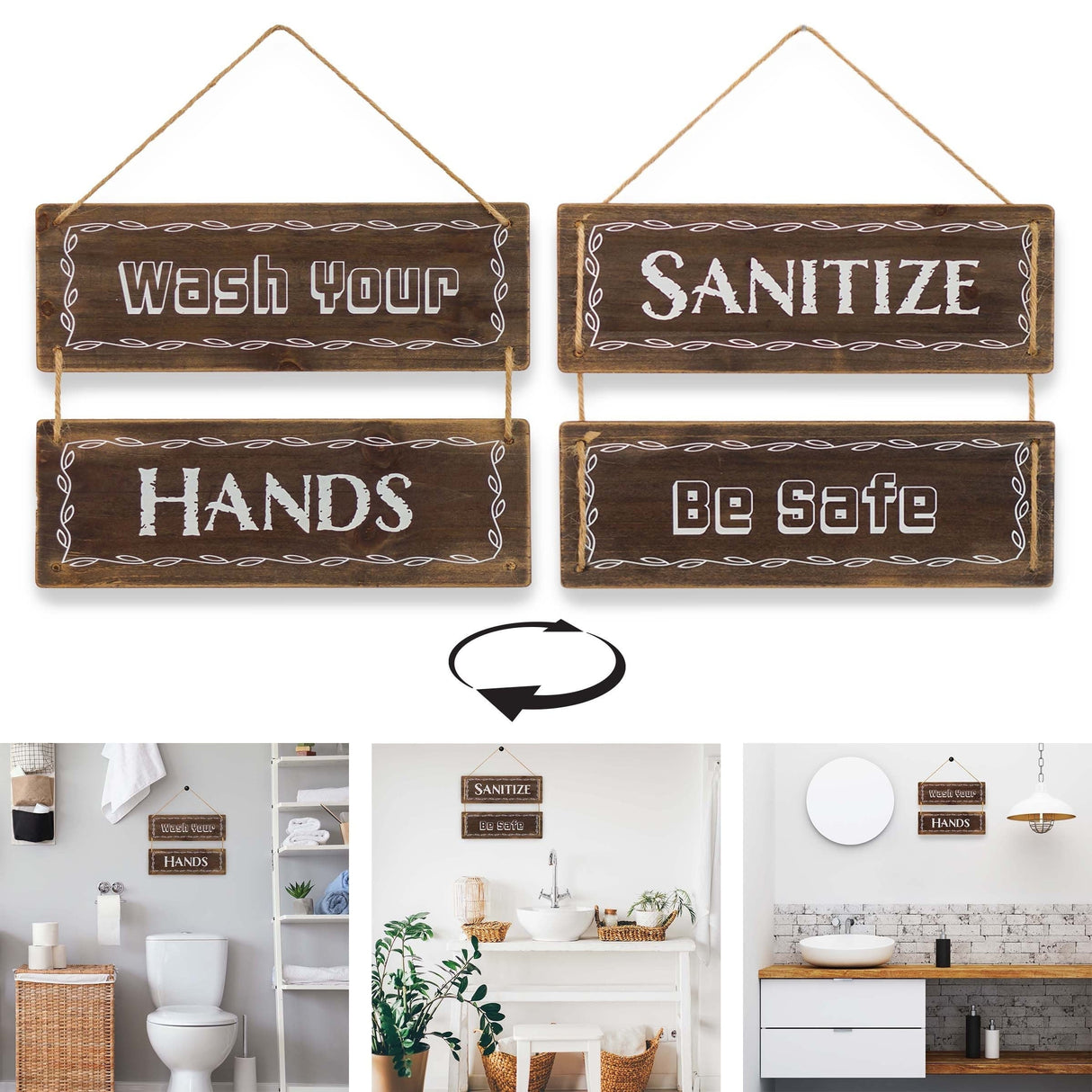 Wash Your Hands Wall Decor Sign, Reversible Farmhouse Sign for Living Romm/ Bathroom
