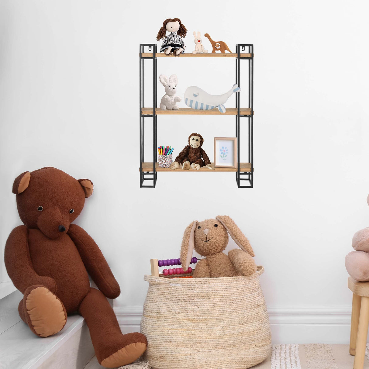 30H Wood and Black Metal Wall-Mount Display Shelf, Wall Shelves Organizer