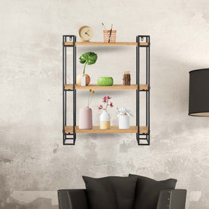 30H Wood and Black Metal Wall-Mount Display Shelf, Wall Shelves Organizer