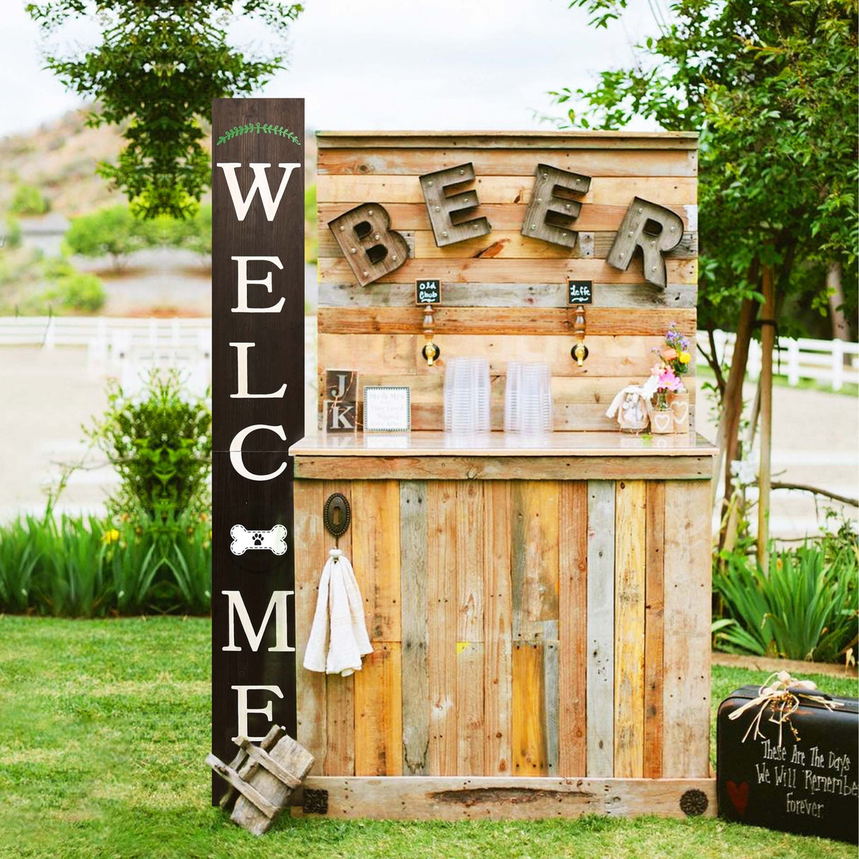 72in Outdoor Welcome Sign for Front Door with Dog Bone Paw, 6ft Brown Welcome Sign,Rustic Tall Welcome Sign for Front Porch Decor